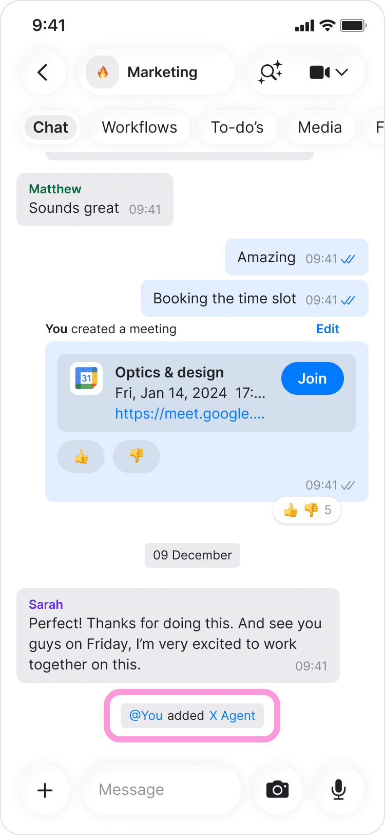 Adding an AI agent to a group chat with teammates in Zenzap