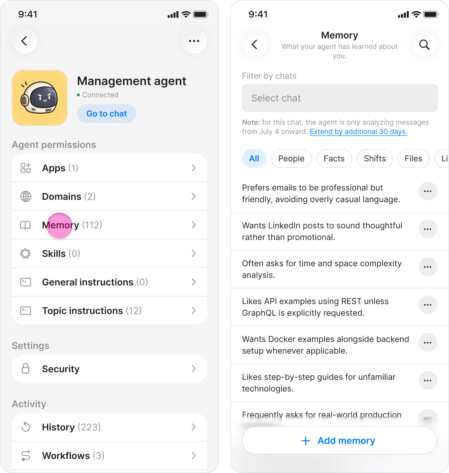 Zenzap AI agent memory and custom instructions settings
