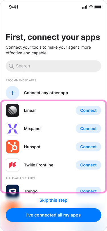 Zenzap AI agent asking which work tools to connect