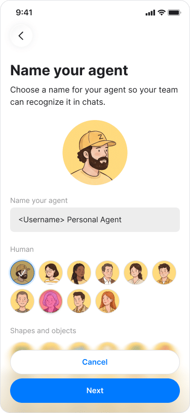 Naming a new AI agent and choosing its profile picture in the Zenzap app