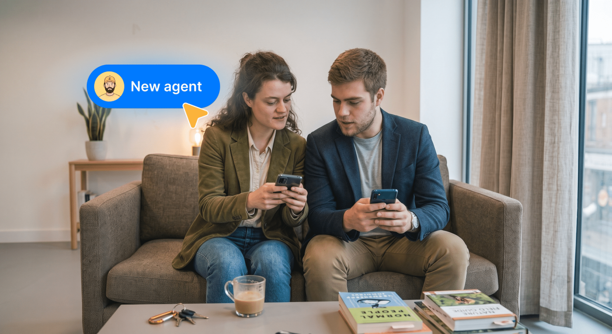 Two colleagues sitting on a couch in an office, collaborating and looking at their smartphones, with a blue graphic button overhead that says "New agent."