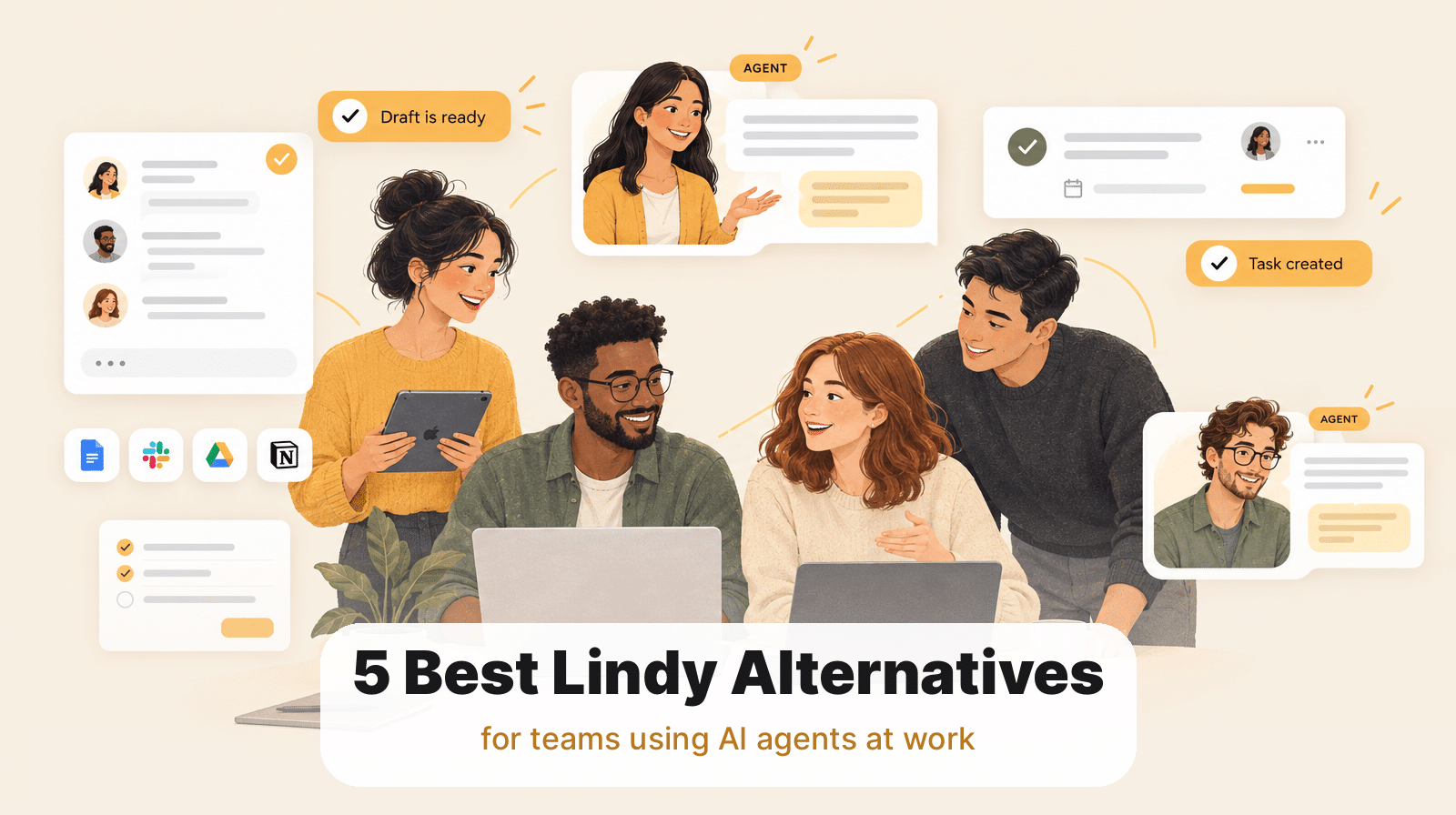 Illustration of a team working with friendly AI agents in a shared chat, with the title 5 Best Lindy Alternatives for Teams Using AI Agents at Work.