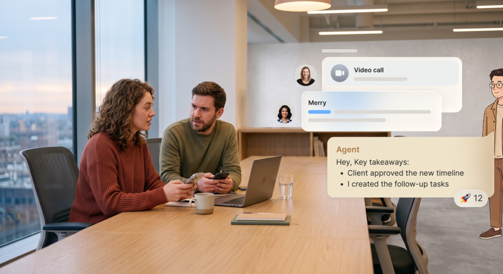 Two professionals at an office table with an overlay showing a collaborative team chat, video call, and AI agent messages.