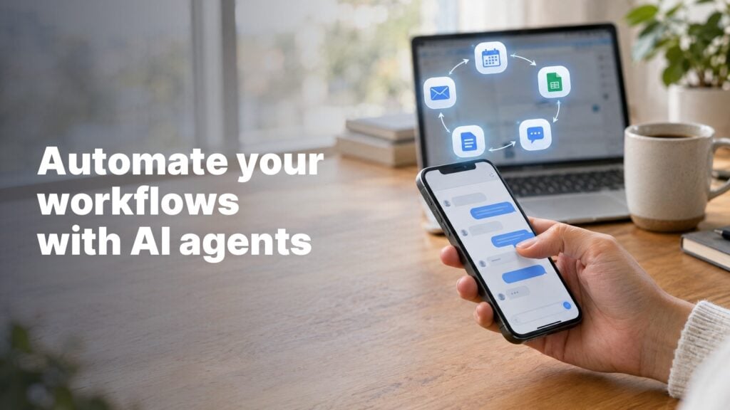 A hand sends a chat message on a phone at a desk with a laptop, while email, calendar, spreadsheet, document and chat icons float above in a circular workflow.