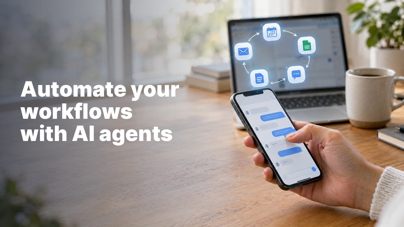 A hand sends a chat message on a phone at a desk with a laptop, while email, calendar, spreadsheet, document and chat icons float above in a circular workflow.